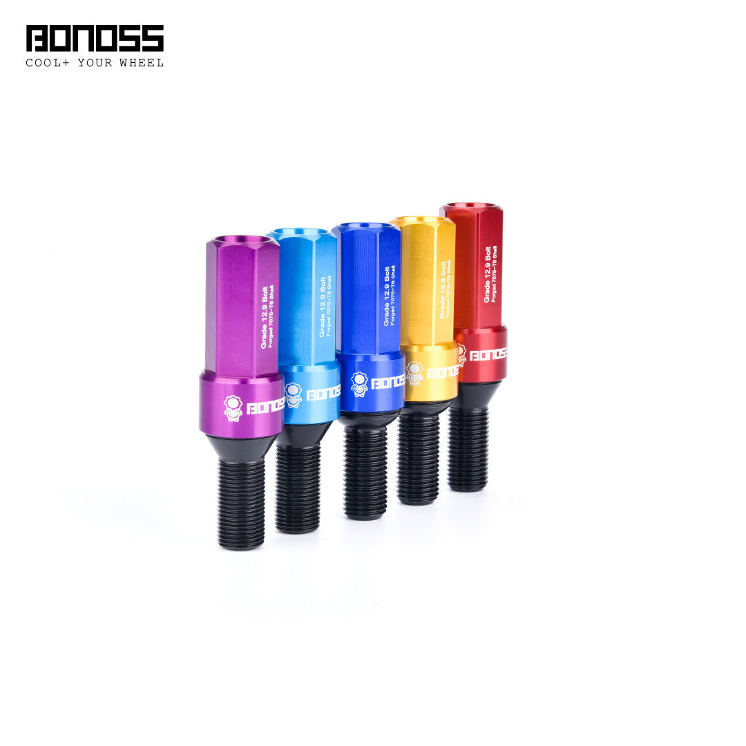 Five colorful wheel lock bolts on a white background with 'BONOSS' branding.