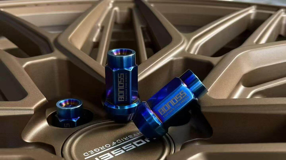 three blue titanium lug nuts put on the vossen aftermarket rims provided by customers 