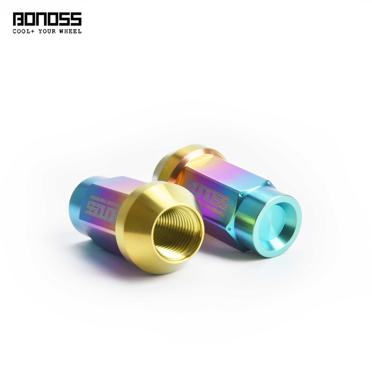 Two rainbow color titanium wheel lug nuts on a white background with 'BONOSS' branding.