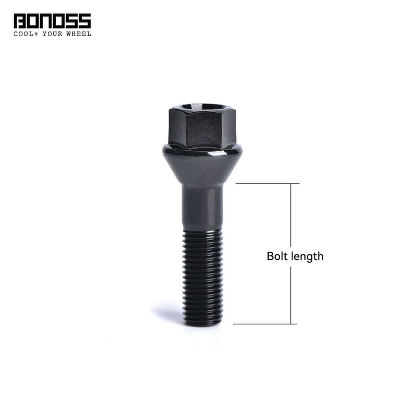 Black bmw wheel bolt with measurement label on a white background, featuring the AONOSS brand.