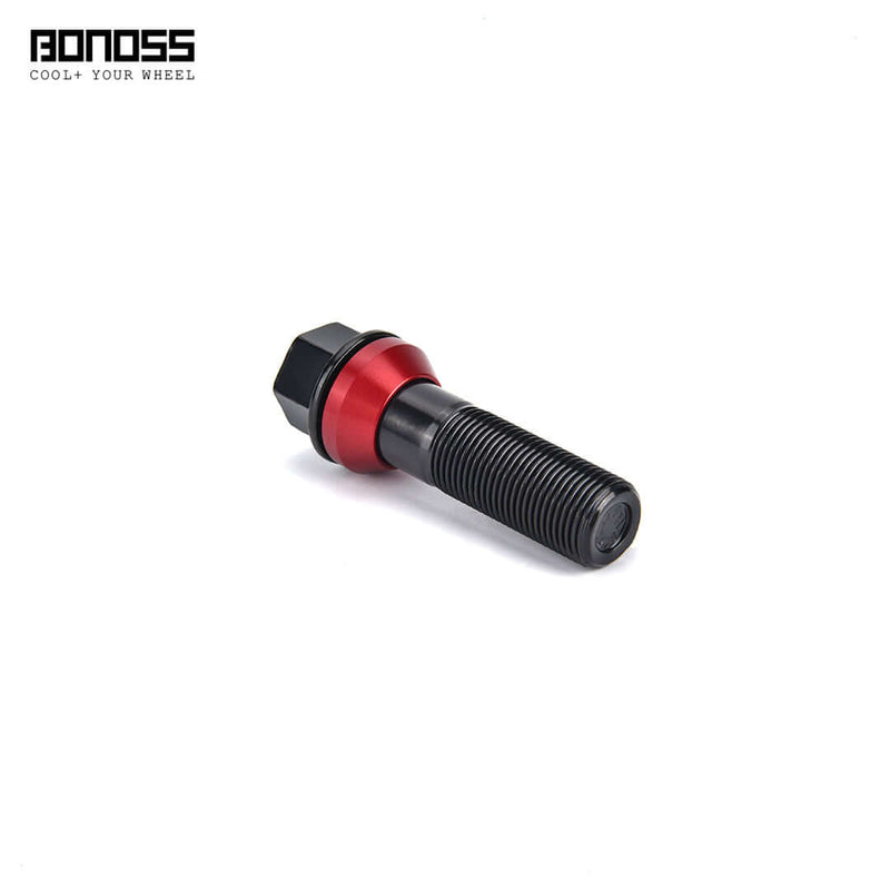 oem lug bolt with red gasket on a white background, featuring the BONOSS brand, fit for bmw, mercedes-benz, audi, porsche and more bolt-on model