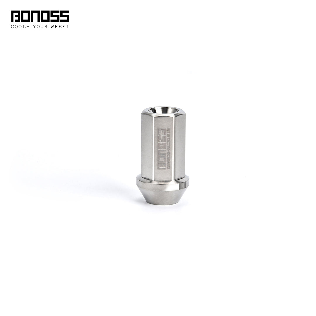 Titanium wheel lug nut with 'BONOSS' branding detail image on a white background