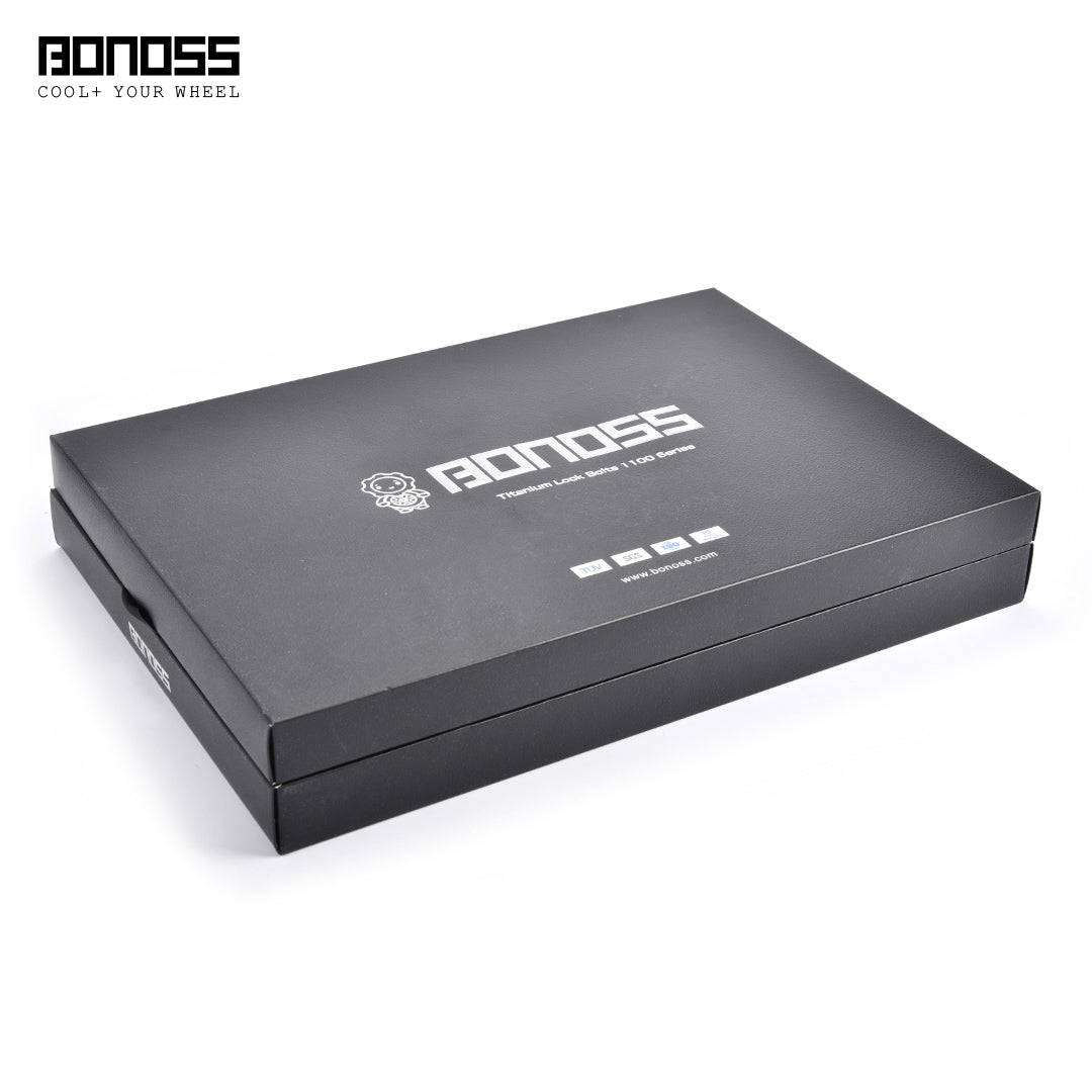 titanium lug nuts product in black box with 'BONOSS' branding on a white background