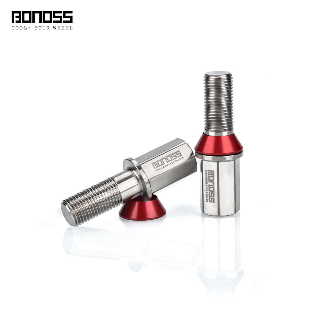 Two titanium lug bolts with red conical seat washers on a white background, featuring the BONOSS brand.