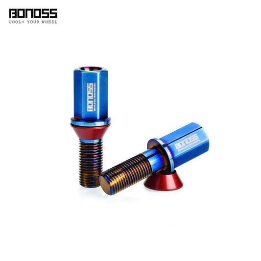 Two titanium blue lug bolts with red conical seat washers on a white background, featuring the BONOSS brand.