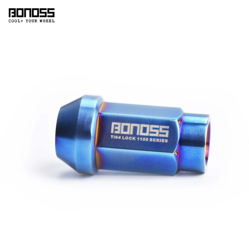 Blue wheel lug nuts with 'BONOSS' branding on a white background