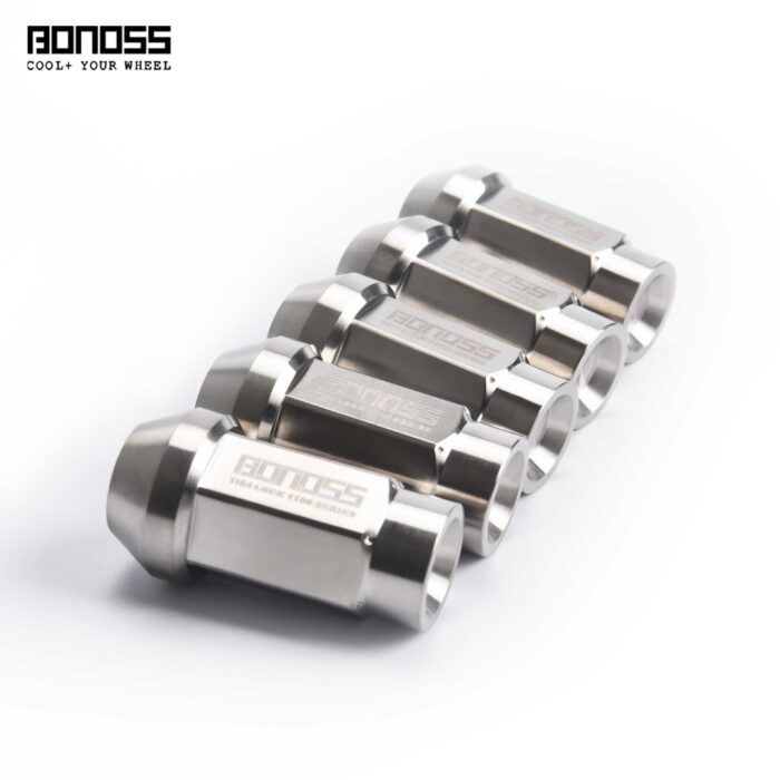 5 pcs titanium wheel lug nuts with 'BONOSS' branding on a white background