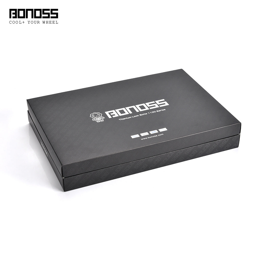 Black titanium lug nuts product box with BONOSS branding on a white background