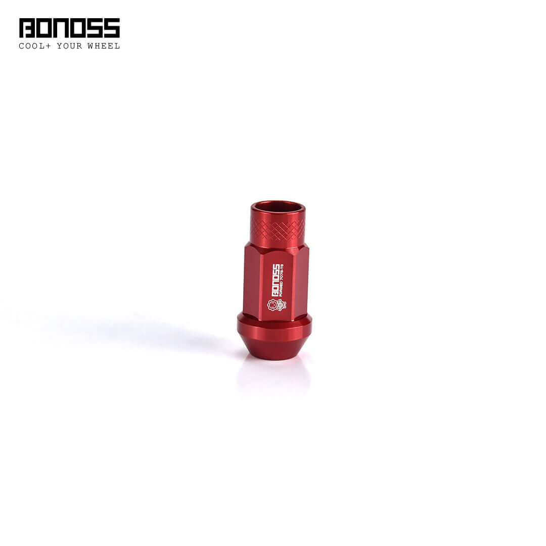BONOSS Forged 7075-T6 Aluminum Classical Lug Nuts in striking red color, showcasing lightweight performance and JDM tuning.