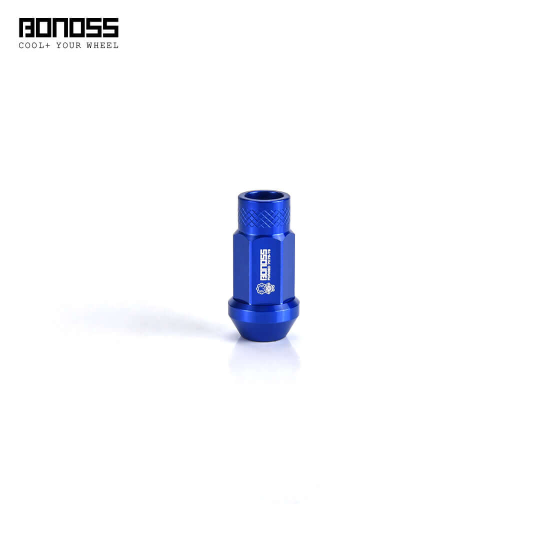 BONOSS Forged 7075-T6 Aluminum Classical Lug Nuts in vibrant blue color, showcasing lightweight and durable design.