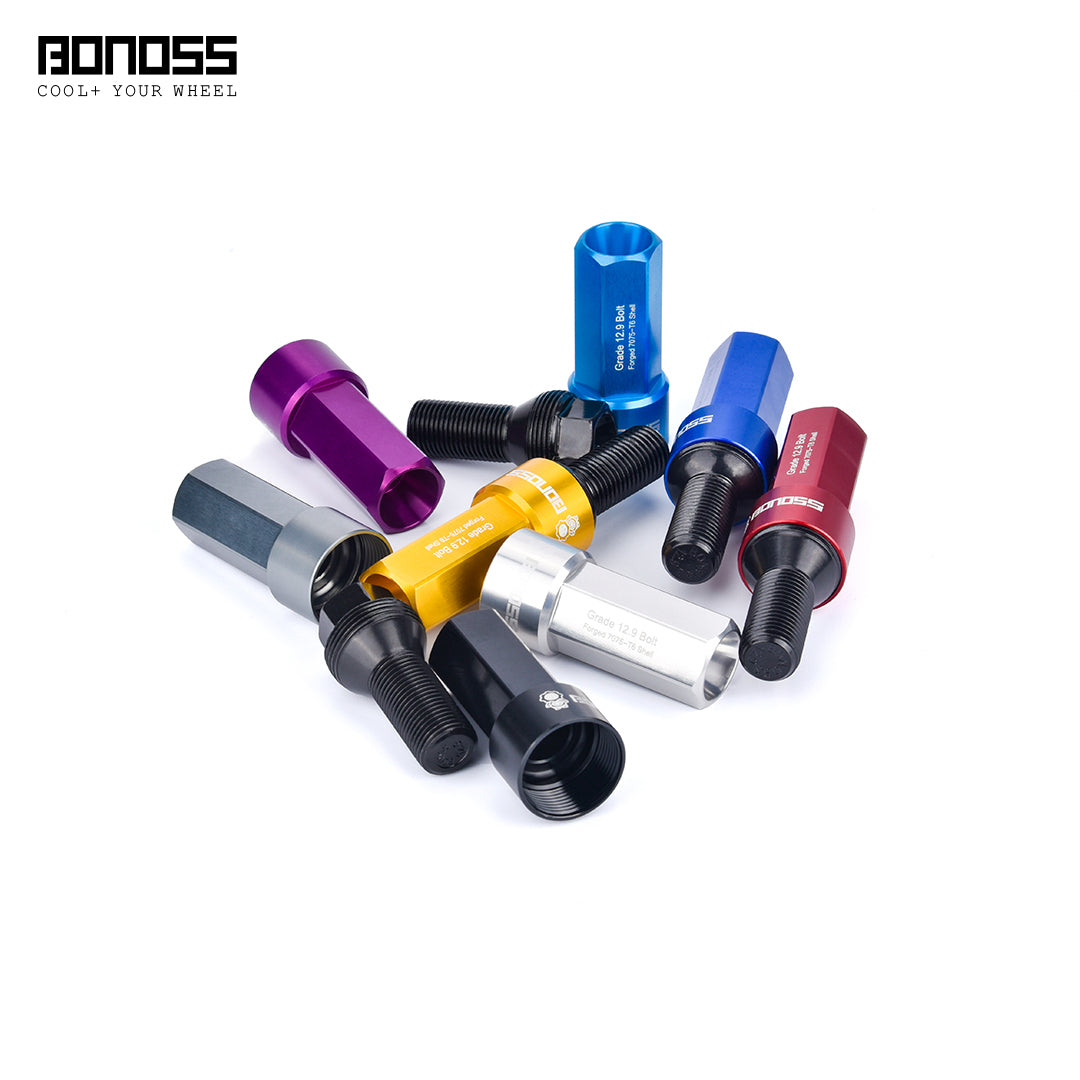 Colorful wheel lock bolts on a white background with BONOSS branding.