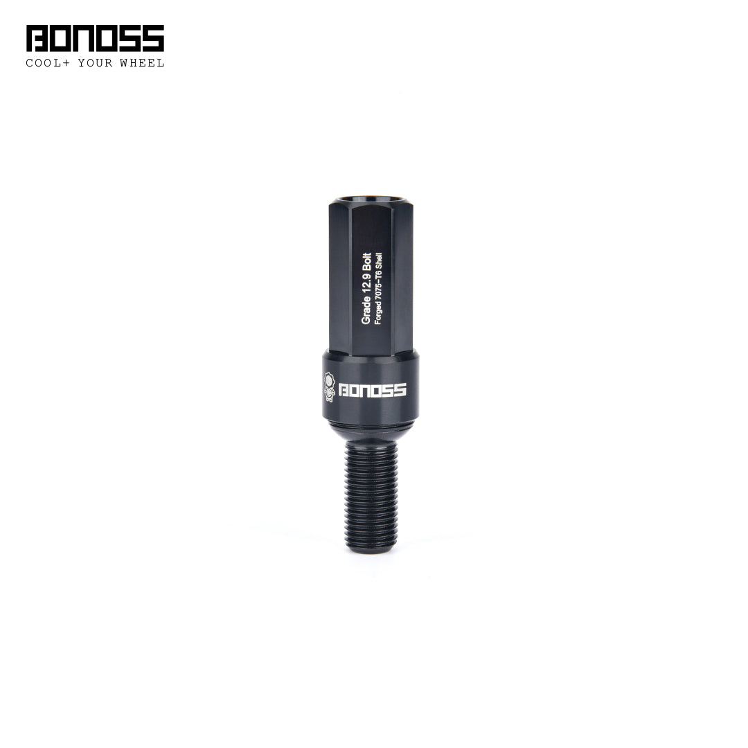 Black cap wheel bolt ball seat with 'BONOSS' branding on a white background