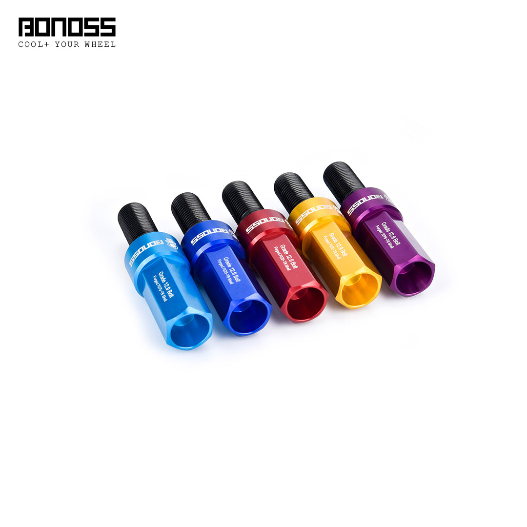 Set of colorful cap wheel lock bolts with BONOSS branding on a white background