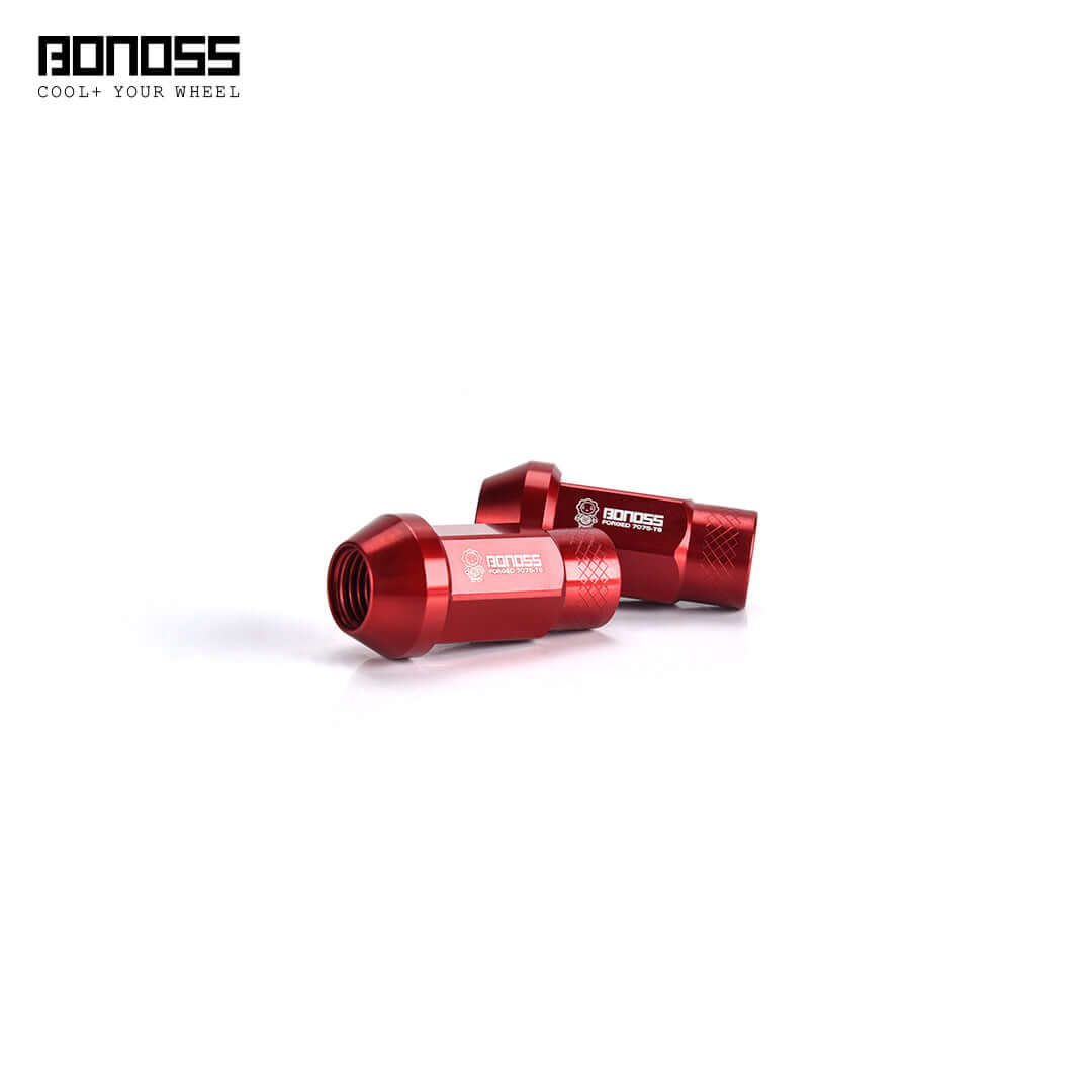 BONOSS Forged 7075-T6 Aluminum Classical Lug Nuts in red design, showcasing lightweight and strength for JDM enthusiasts.