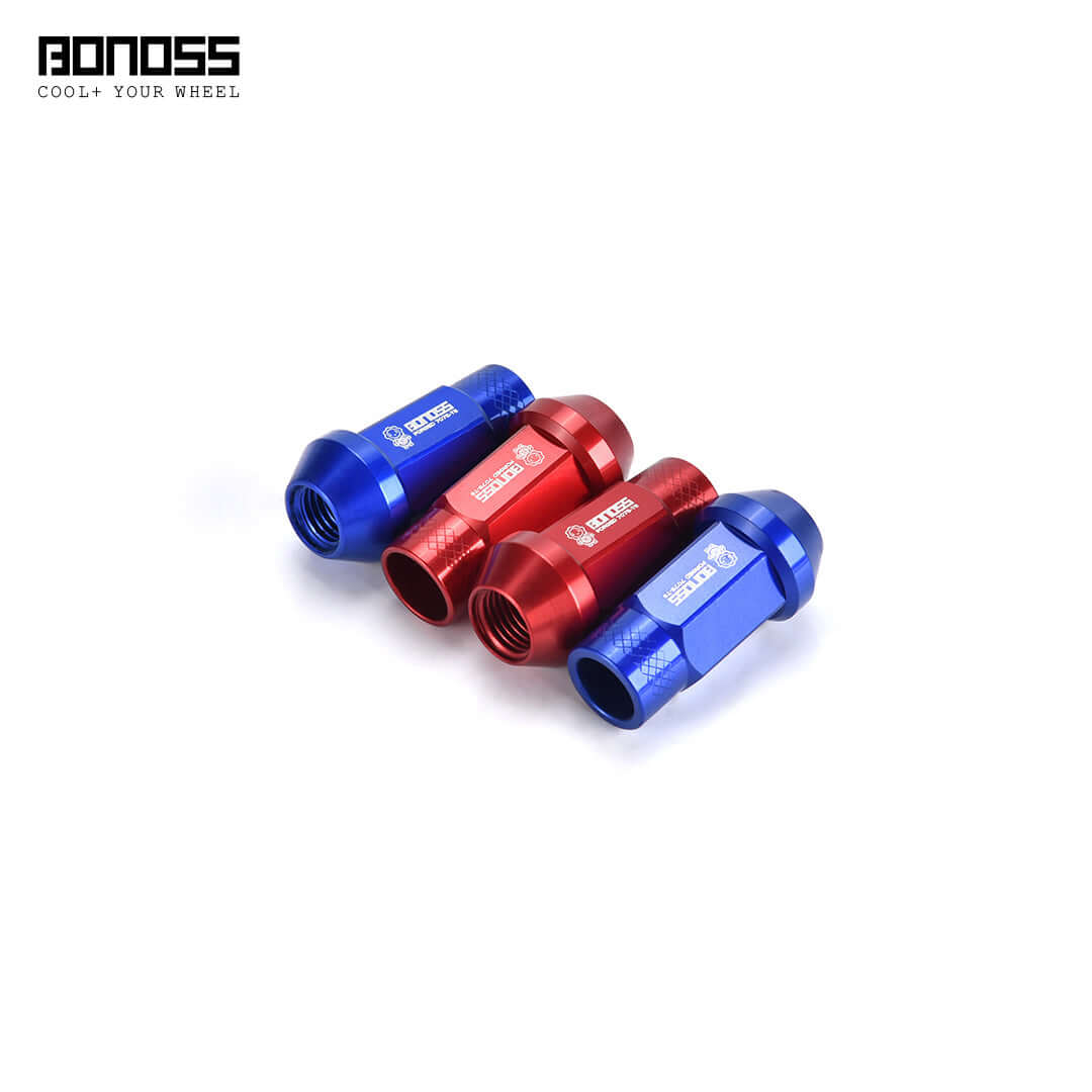 BONOSS Forged 7075-T6 Aluminum Classical Lug Nuts in red and blue finishes for JDM performance.