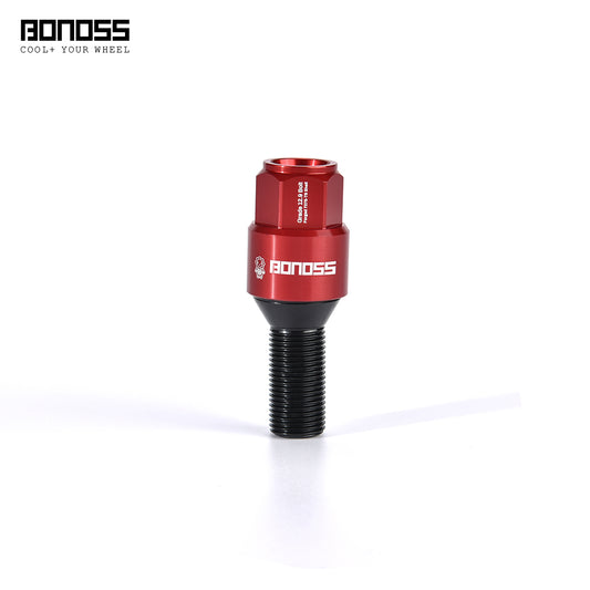 Red locking wheel bolt with 'BONOSS' branding on a white background